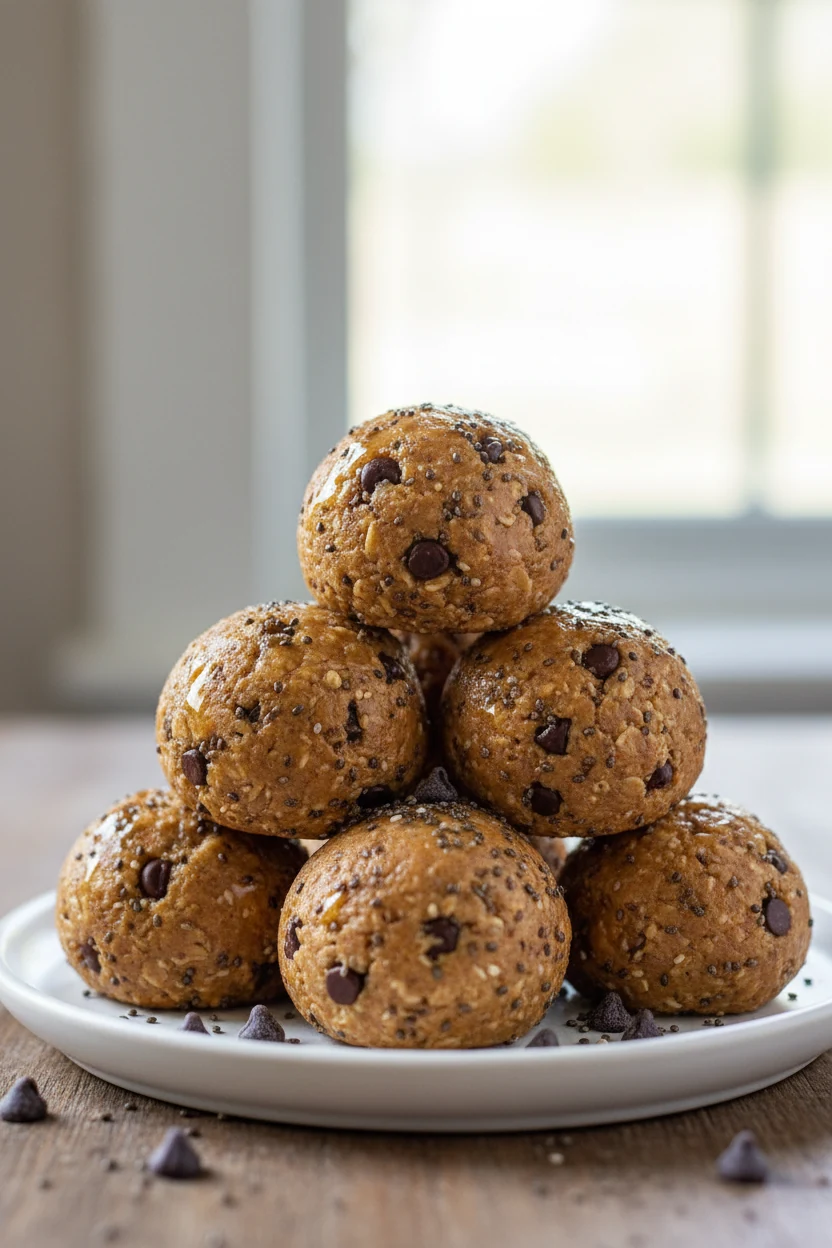 2. Beautifully plated no-bake peanut butter oat energy bites stacked on a small matte white ceramic plate; visible chia 