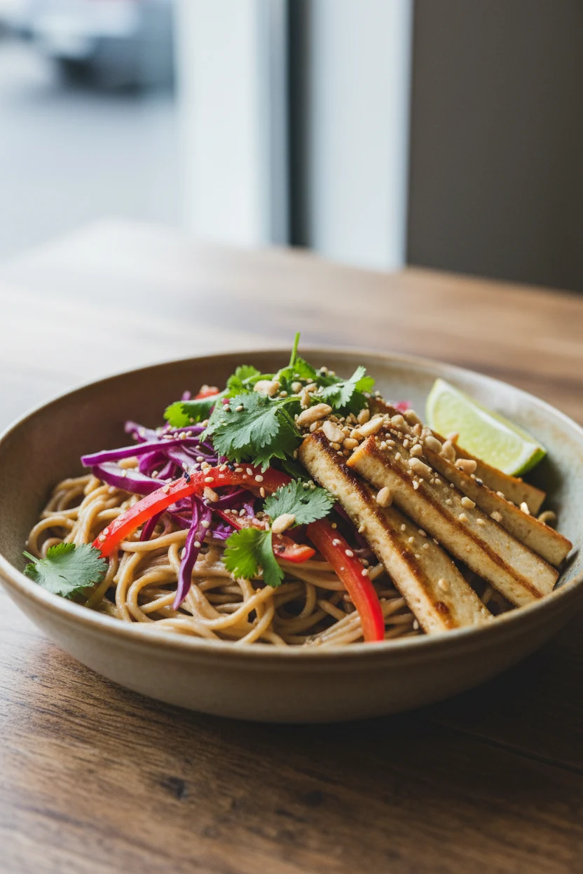 2. Beautifully plated Thai-Inspired Peanut Noodle Salad: soba noodles coated in silky peanut–soy–lime sauce, layered wit