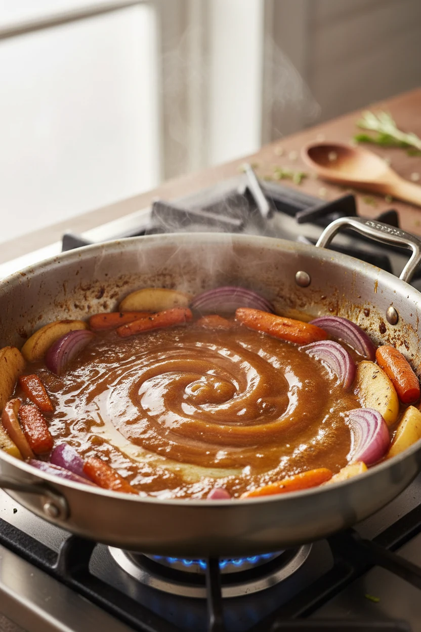 Cooking process shot: roasting pan on stovetop as apple cider vinegar–brightened pan sauce reduces to a glossy sheen, vi
