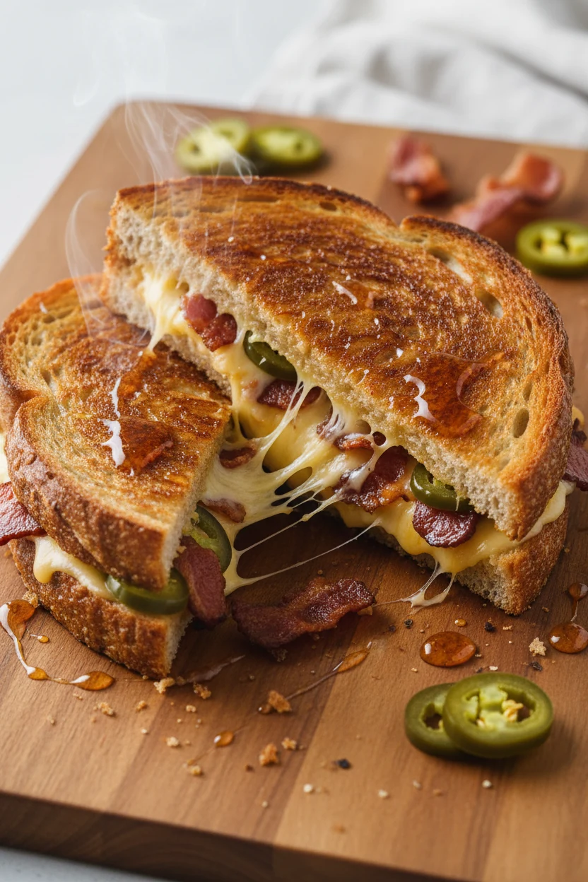 Tasty top view: Smoky Bacon-Jalapeño grilled cheese on country loaf, deep golden crust, sliced diagonally after a 1-minu