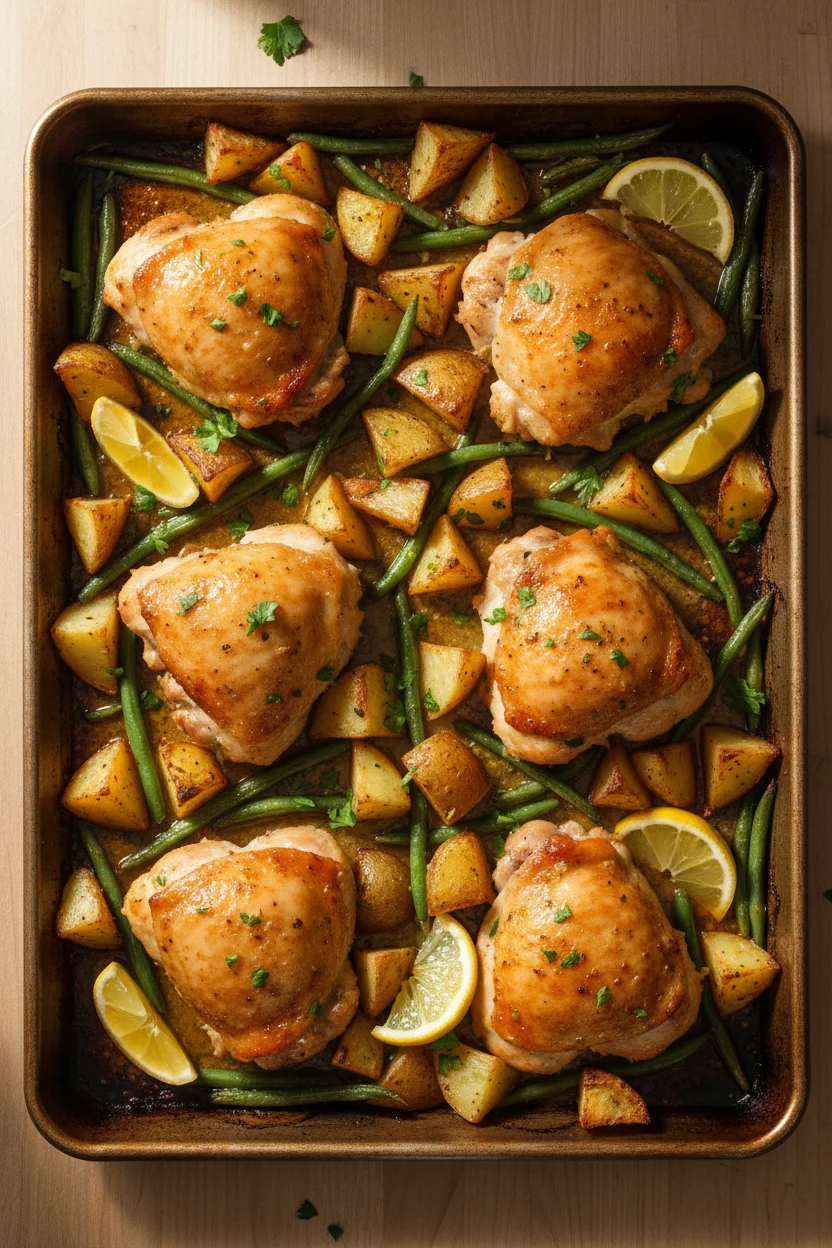 Tasty top view: Overhead shot of a preheated rimmed sheet pan just out of a 425°F oven—six golden, skin-side-up chicken 