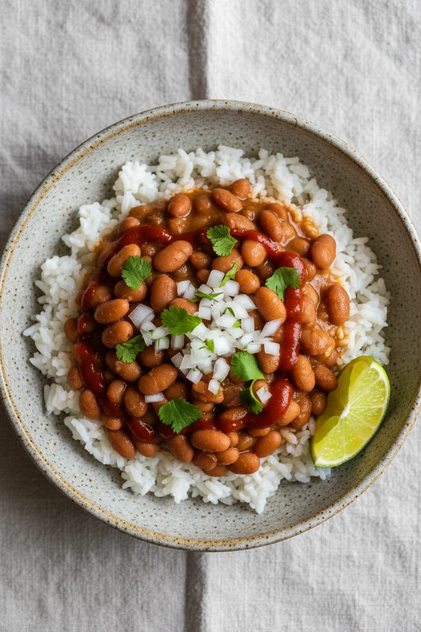 Overhead bowl: tender pinto beans and glossy broth spooned over fluffy white rice, garnished with chopped onion, cilantr