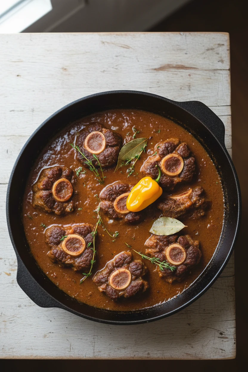 Overhead shot of oxtails gently braising two-thirds submerged in rich brick-brown liquid with tomato paste depth, thyme 