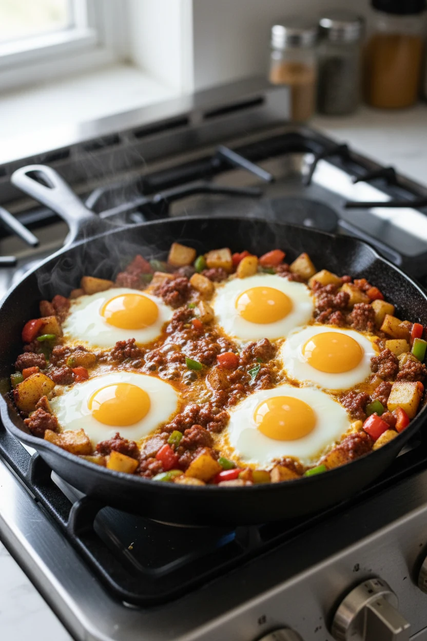 2. Cooking process: one-pan chorizo skillet with four small wells and eggs gently cooking until whites set and yolks glo