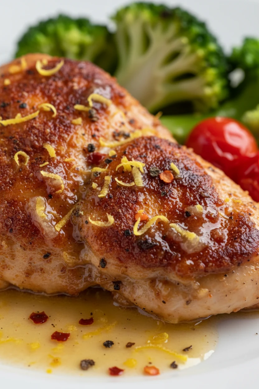 Close-up detail: paprika-dusted seared chicken glazed in silky lemon-garlic butter sauce with flecks of lemon zest, blac