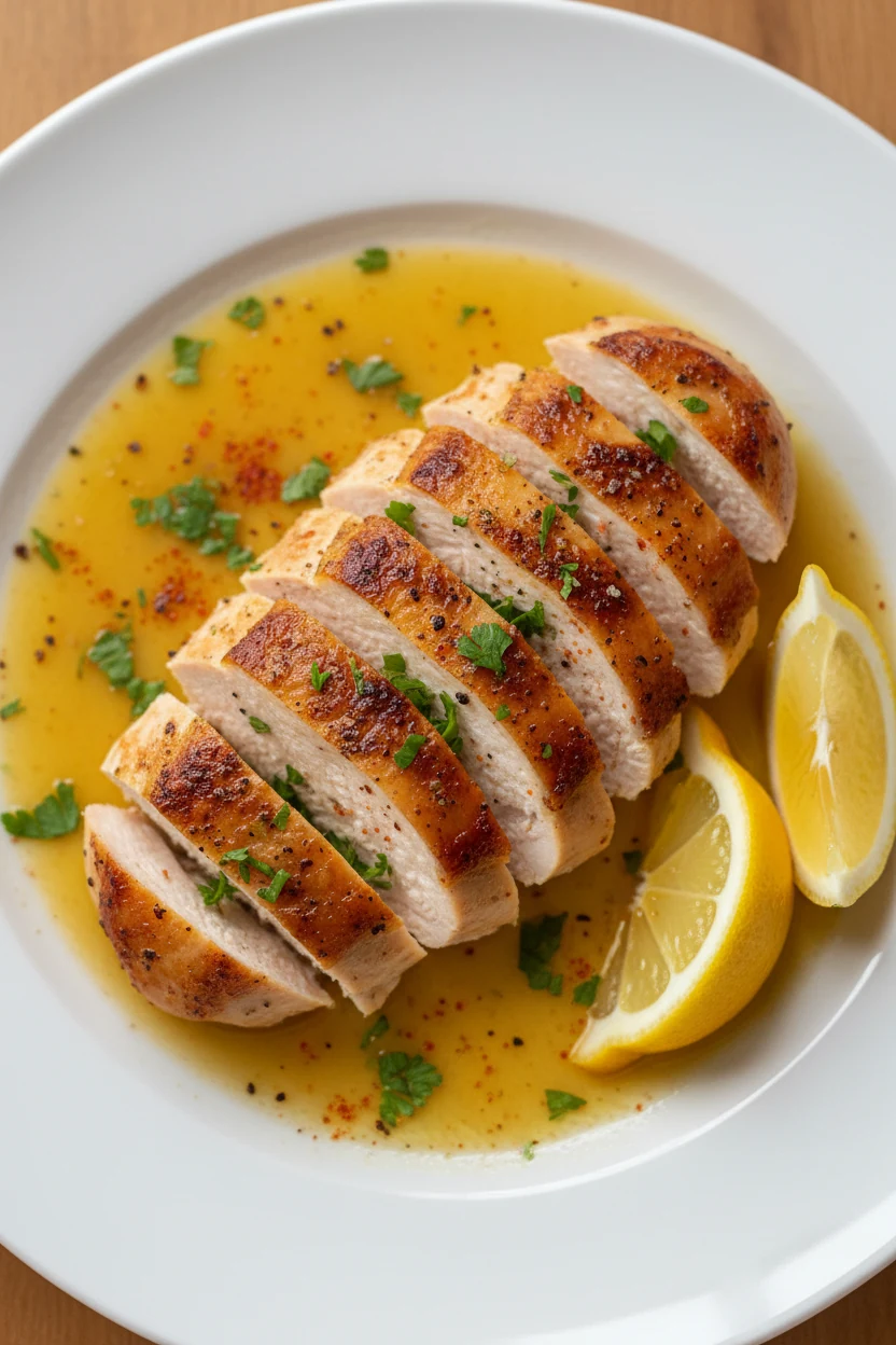 Overhead shot of sliced juicy chicken breast with lemon-parsley pan sauce; glistening slices fanned on a white plate, pu