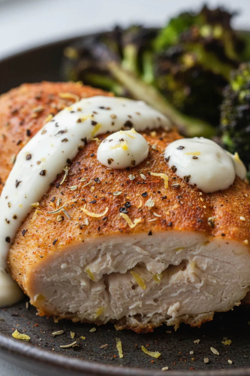 Close-up detail of air-fried lemon-garlic chicken: crisp, paprika-dusted crust and juicy center with flecks of oregano a