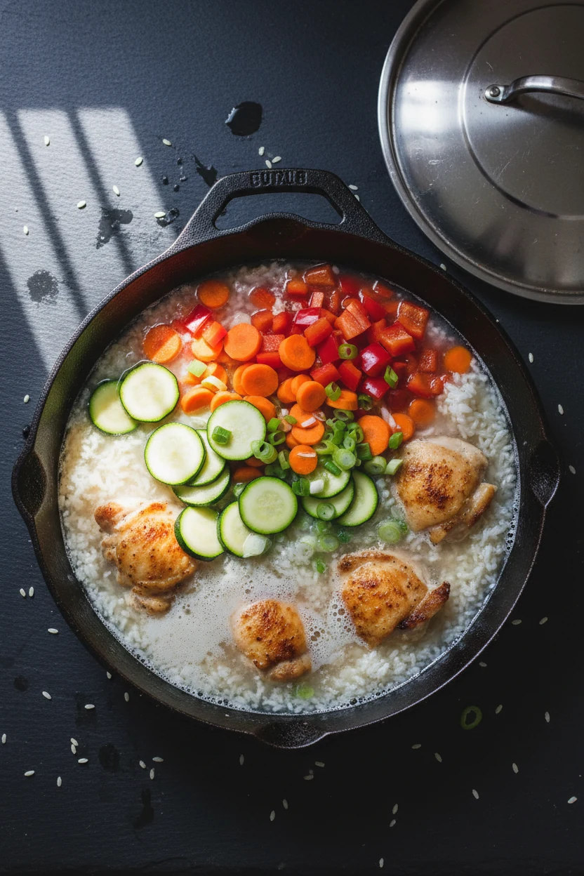 Cooking process overhead: rice simmering with chicken nestled in, low-FODMAP broth bubbling; vibrant zucchini, red bell 