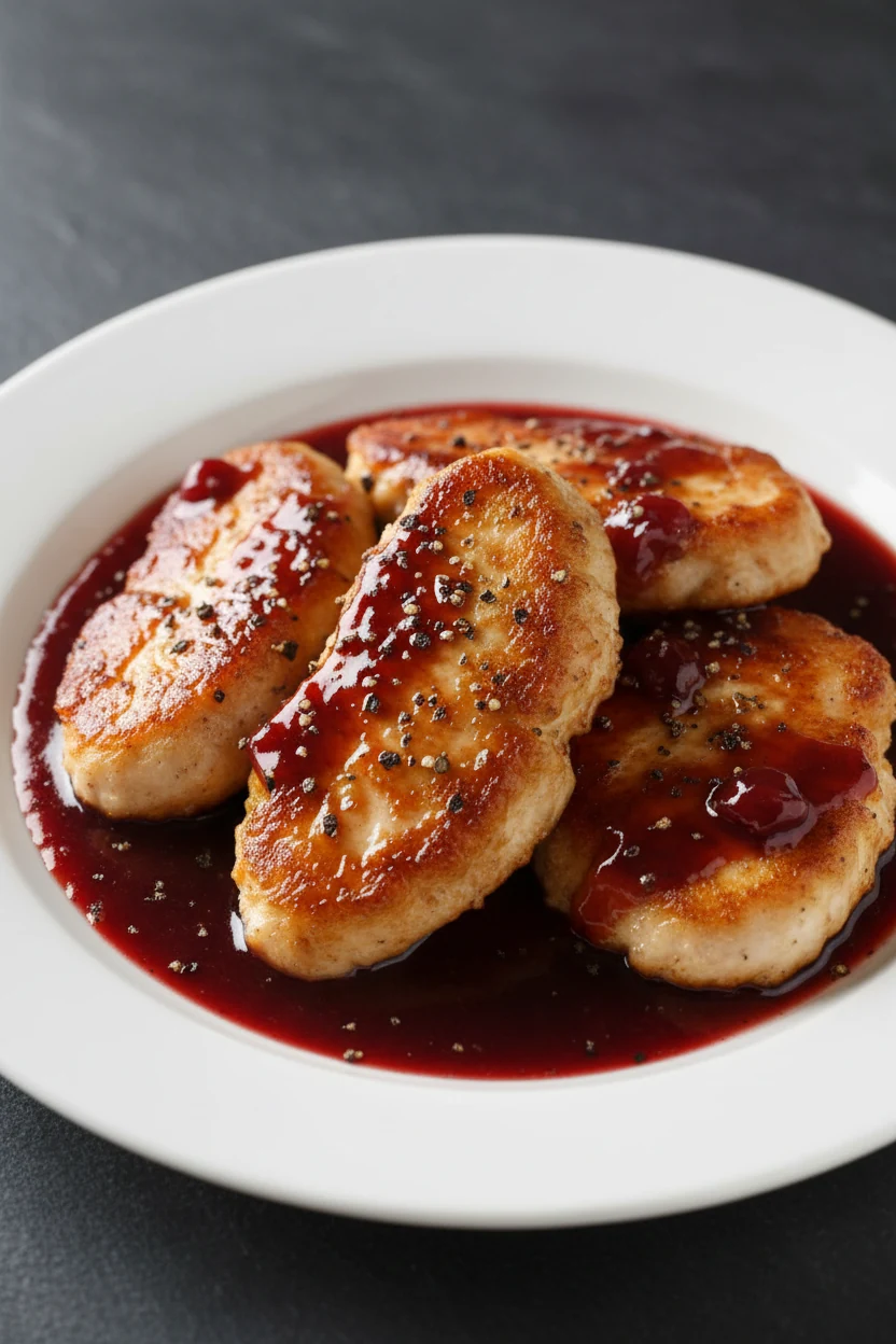 2. Beautifully plated cherry-balsamic chicken cutlets glazed in a deep ruby pan sauce, glossy butter-finished sheen, cra