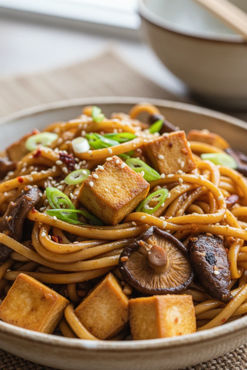 Close-up of bouncy noodles lacquered in tamari and sesame oil, seared tofu cubes and mushrooms, scallions and sesame see