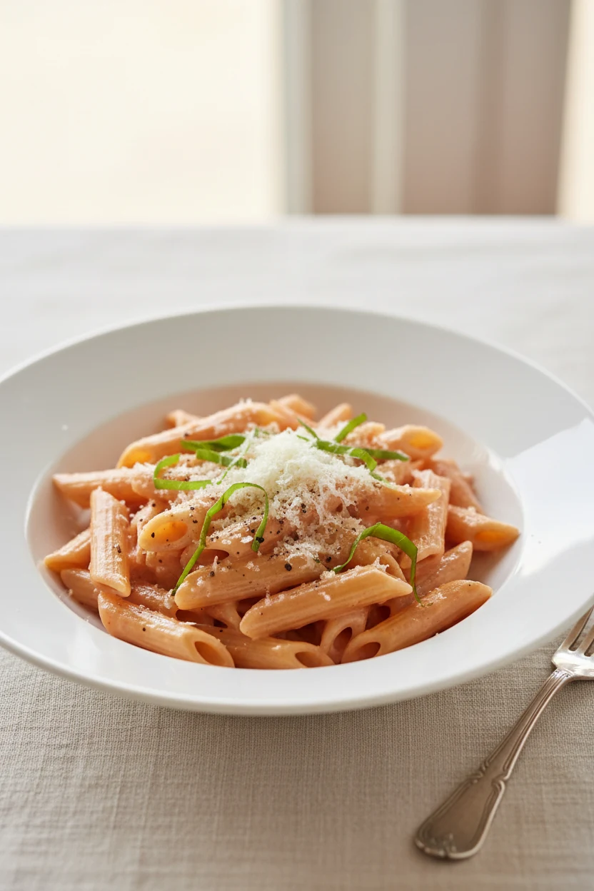 Beautifully plated Classic Vodka Penne in a wide shallow white bowl with silky blush-pink sauce, basil ribbons, finely g