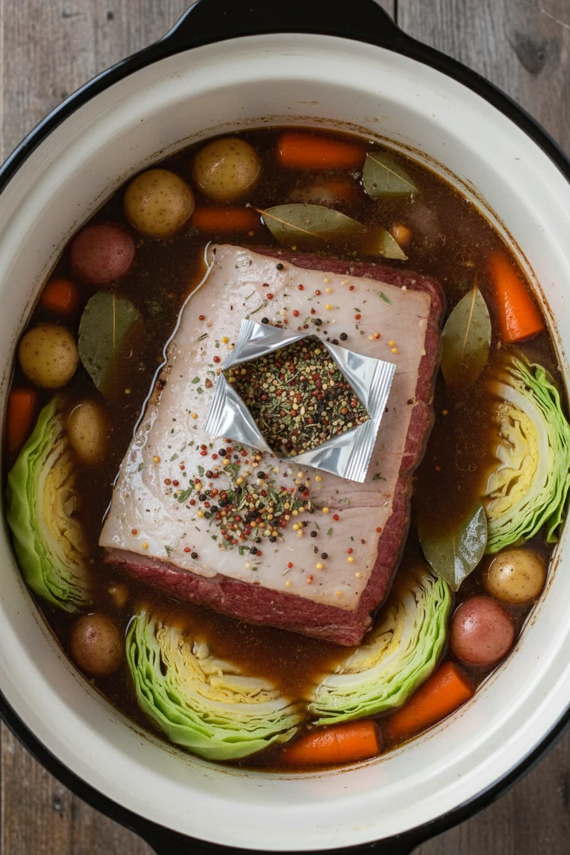 2. Overhead shot of slow cooker corned beef: brisket fat side up with spice packet on top, cabbage wedges nestled in lat