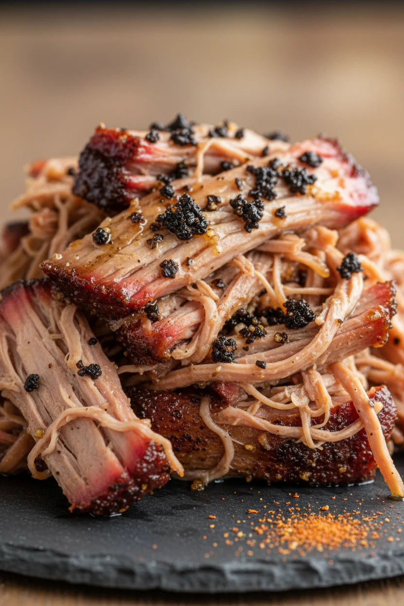 Close-up of pulled pork: juicy strands with pink smoke ring, pepper-speckled bark bits, vinegar–honey mop glistening, sh