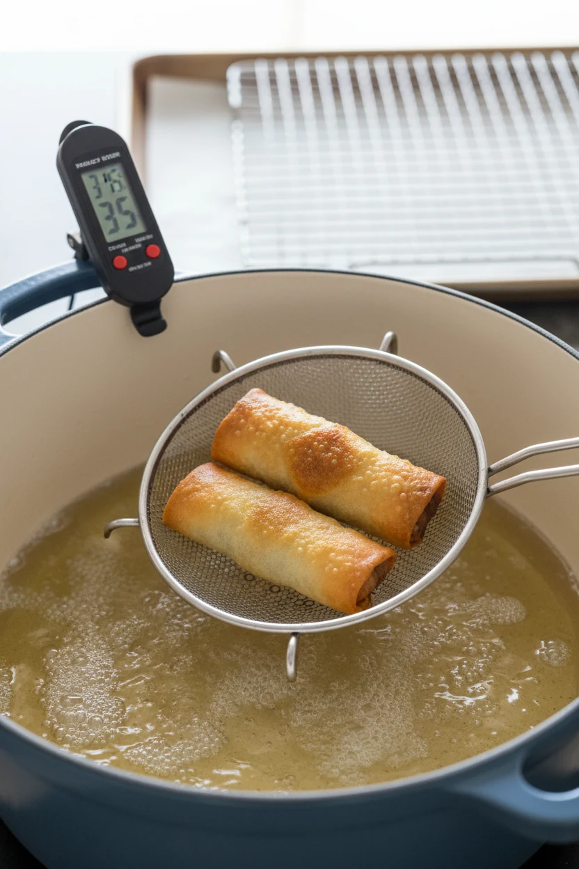 Cooking process: small batch of egg rolls frying in a heavy Dutch oven with 2 inches neutral oil at 355–365°F, rolls mid