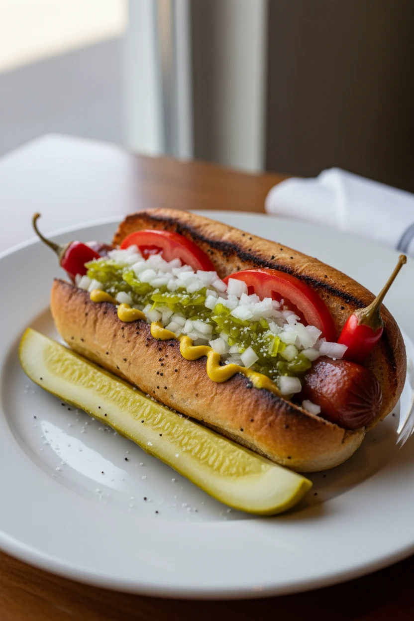 Final dish: Chicago-style hot dog in a poppy seed bun with yellow mustard, neon-green relish, diced onions, tomato wedge