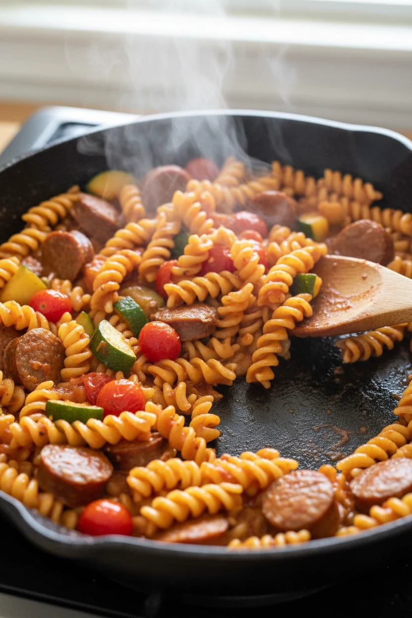 Cooking process shot: one-skillet sausage pasta simmering as rotini absorbs a tomato sauce and chicken broth base; zucch