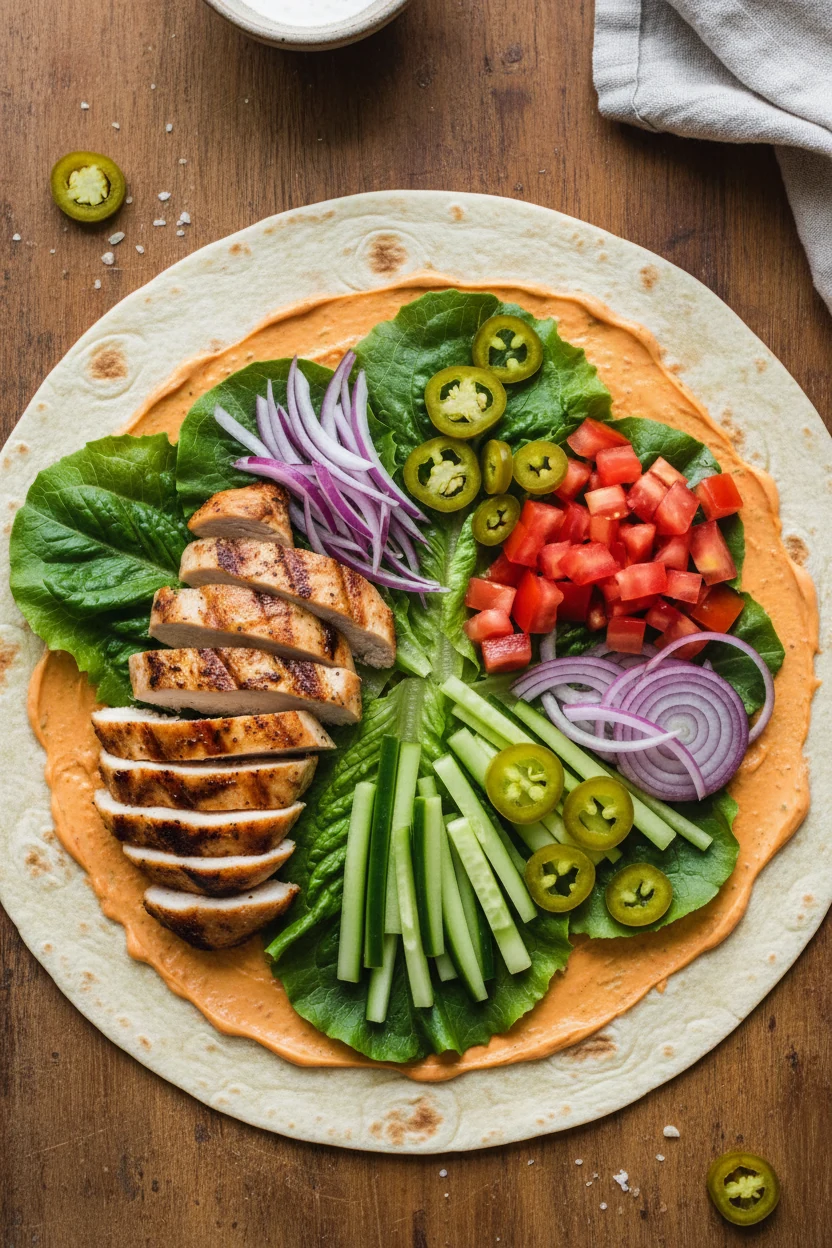 Overhead shot of an open warm flour tortilla: chipotle-lime mayo base, romaine moisture shield, neatly layered sliced se