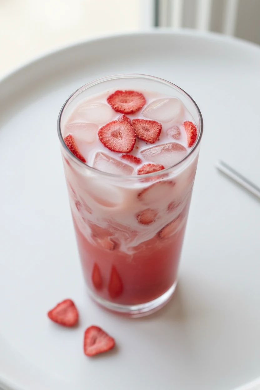 2. Overhead shot of Strawberry Acai Refresher (or Pink Drink): ruby-pink base with freeze-dried strawberry slices and nu