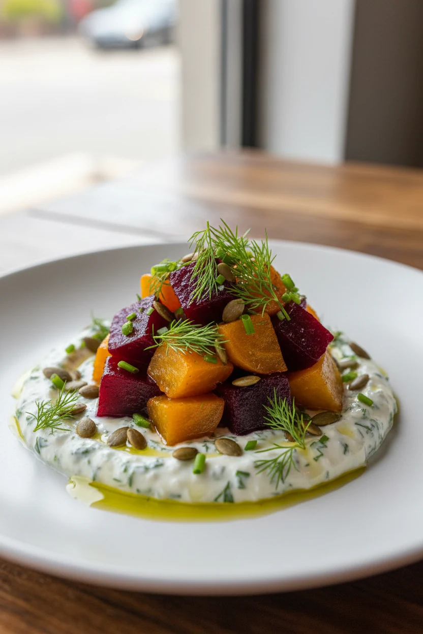 Beautifully plated beet side: swoosh of herbed Greek yogurt on matte white platter, glossy roasted beet cubes, toasted p