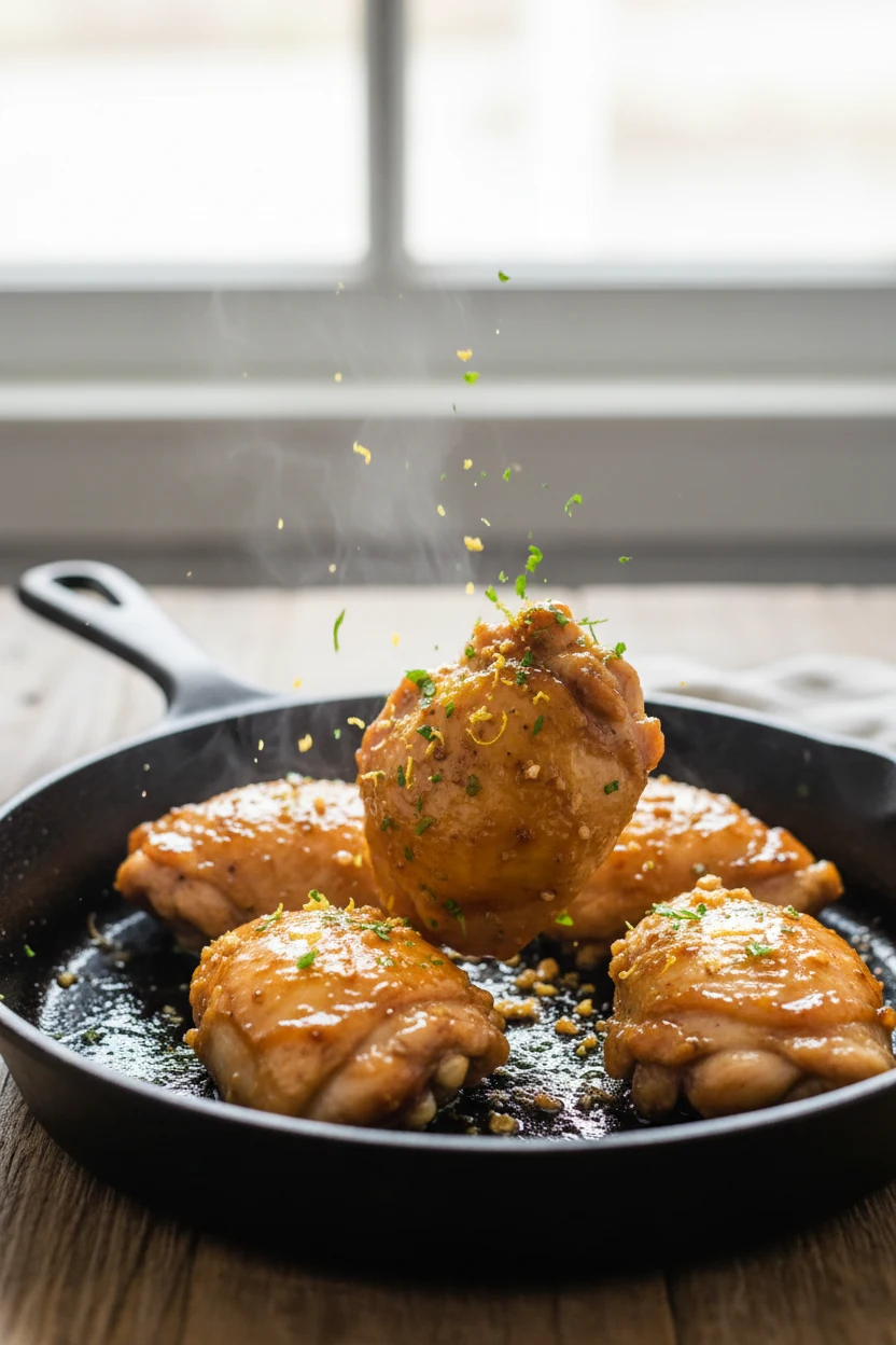 Glossy honey–garlic–soy–lemon glazed chicken thighs being tossed in the same skillet with melted butter and minced garli