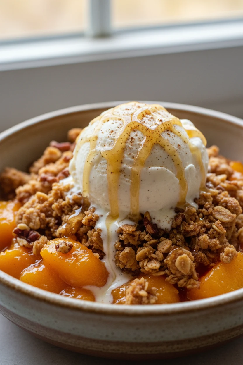 Final dish: peach crisp spooned into a stoneware bowl with jammy, glossy cornstarch-thickened peaches under a crunchy oa