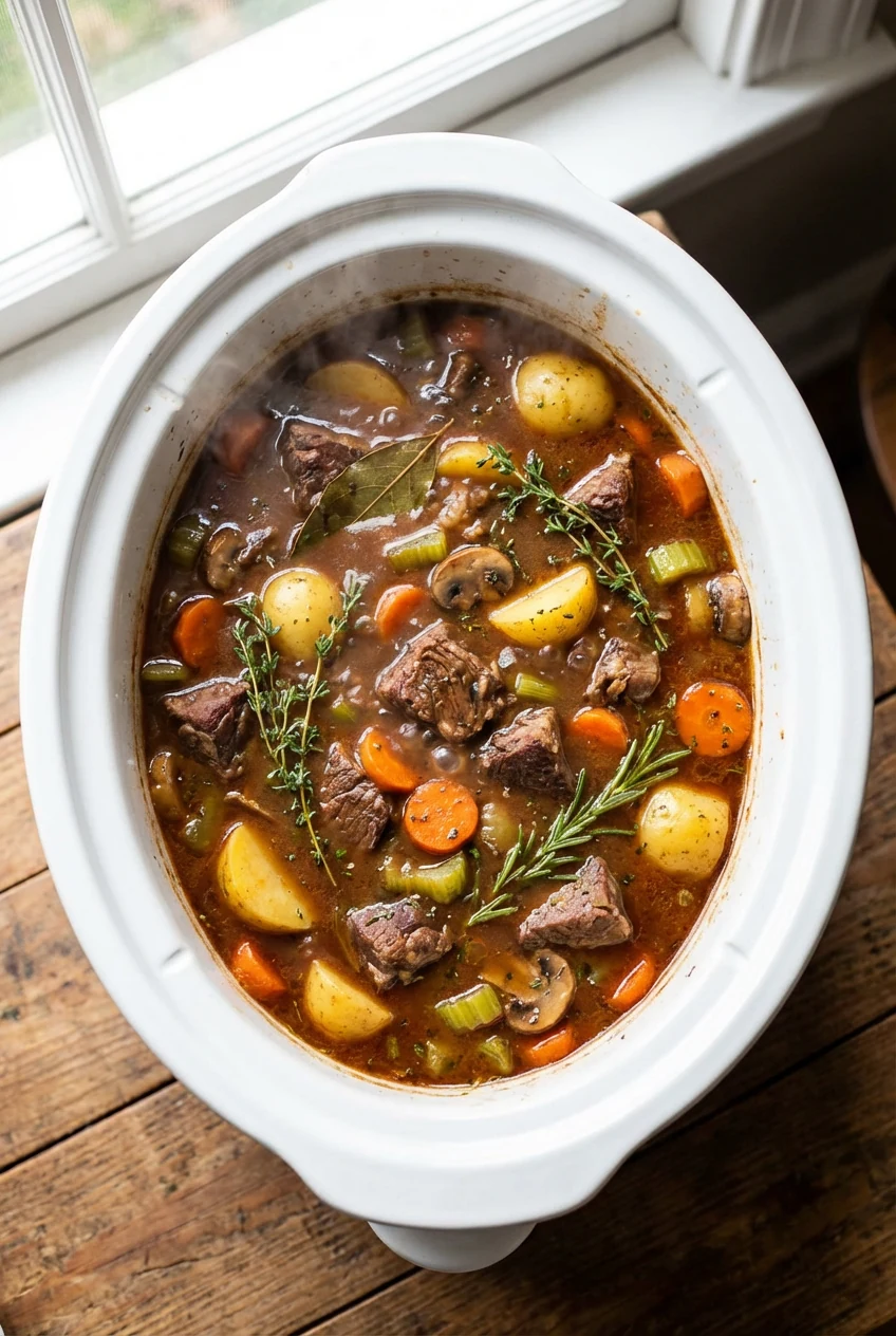Overhead shot of the slow cooker mid-simmer: tender beef, Yukon Gold potato chunks, carrot coins, celery and mushrooms i