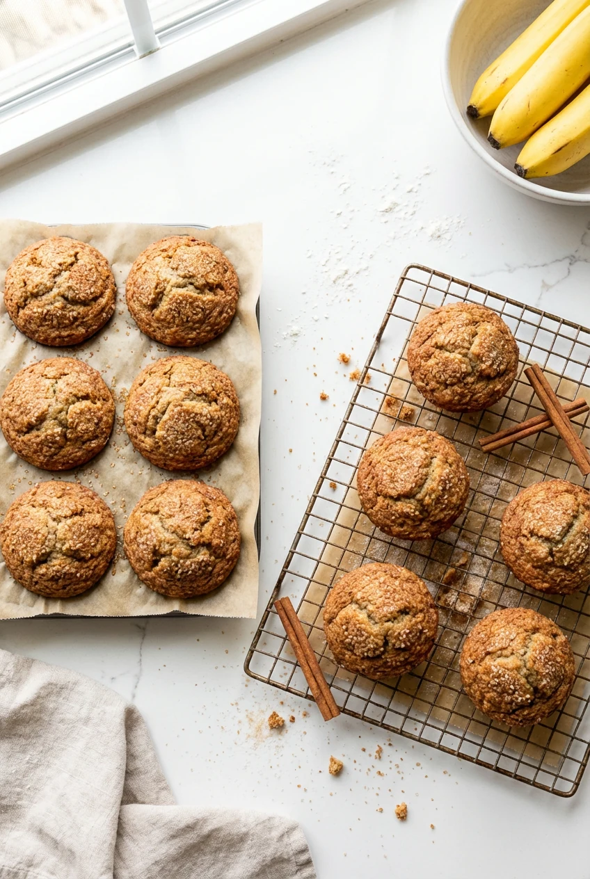Overhead shot of 12 freshly baked banana muffins in a lined tin, domed tops crackled with turbinado sugar and cinnamon, 
