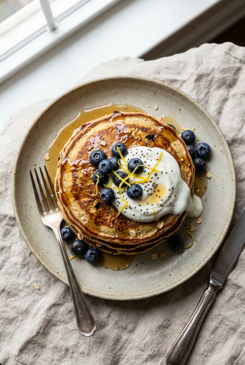 Overhead shot of blueberry lemon protein pancakes stacked on matte stoneware; maple syrup gloss, Greek yogurt dollop, fr