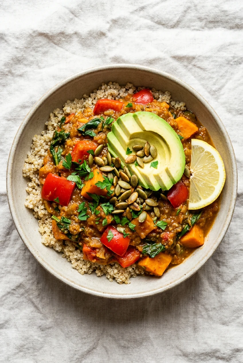 2. Overhead shot of the stew served over plain quinoa, thick and chunky with visible red bell pepper, sweet potato, and 
