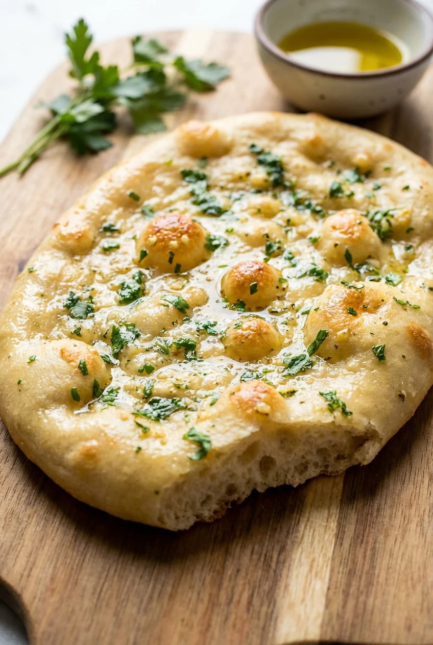 Close-up detail: butter-brushed herb–garlic flatbread with glistening surface, parsley/cilantro flecks, blistered golden