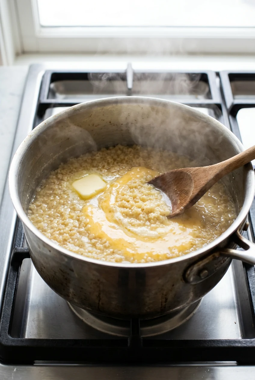 Cooking process: overhead shot of pastina at an active simmer in broth; tiny shapes swirling as butter melts and tempere