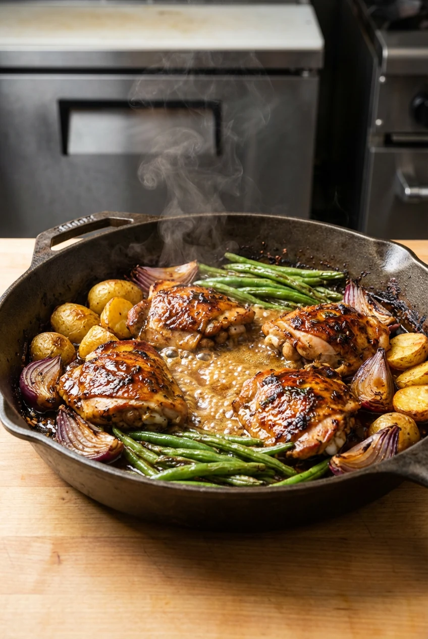 Cooking process shot: the one-pan dinner just out of a 450°F oven—potatoes pushed to the sides, lemon-garlic-Dijon glaze