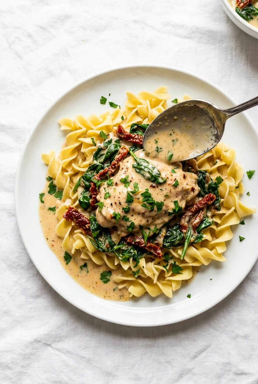 Overhead shot of creamy chicken spooned over buttered noodles, sauce pooling luxuriously; wilted baby spinach and choppe