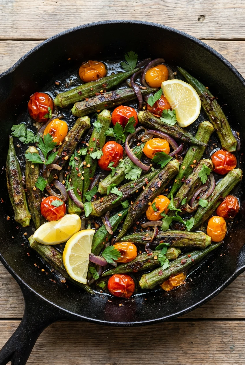 Overhead of finished skillet okra: browned pods with softly burst cherry tomatoes, caramelized red onion, chili flecks, 