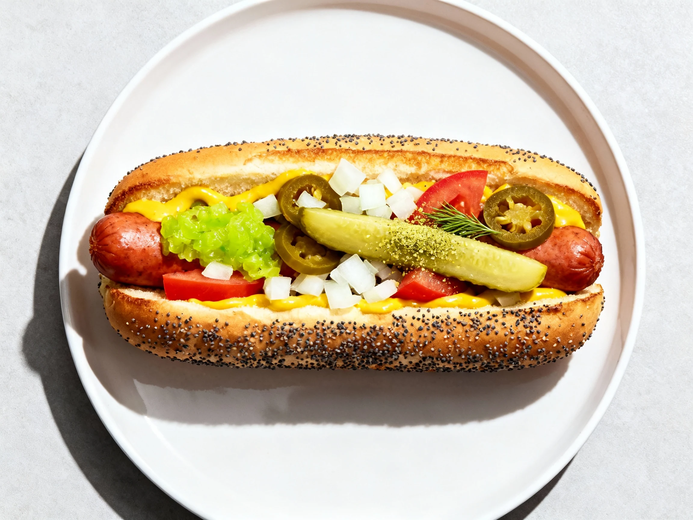 Food photography, Overhead shot of a Chicago-style hot dog in a poppy seed bun: yellow mustard, neon-green relish, diced