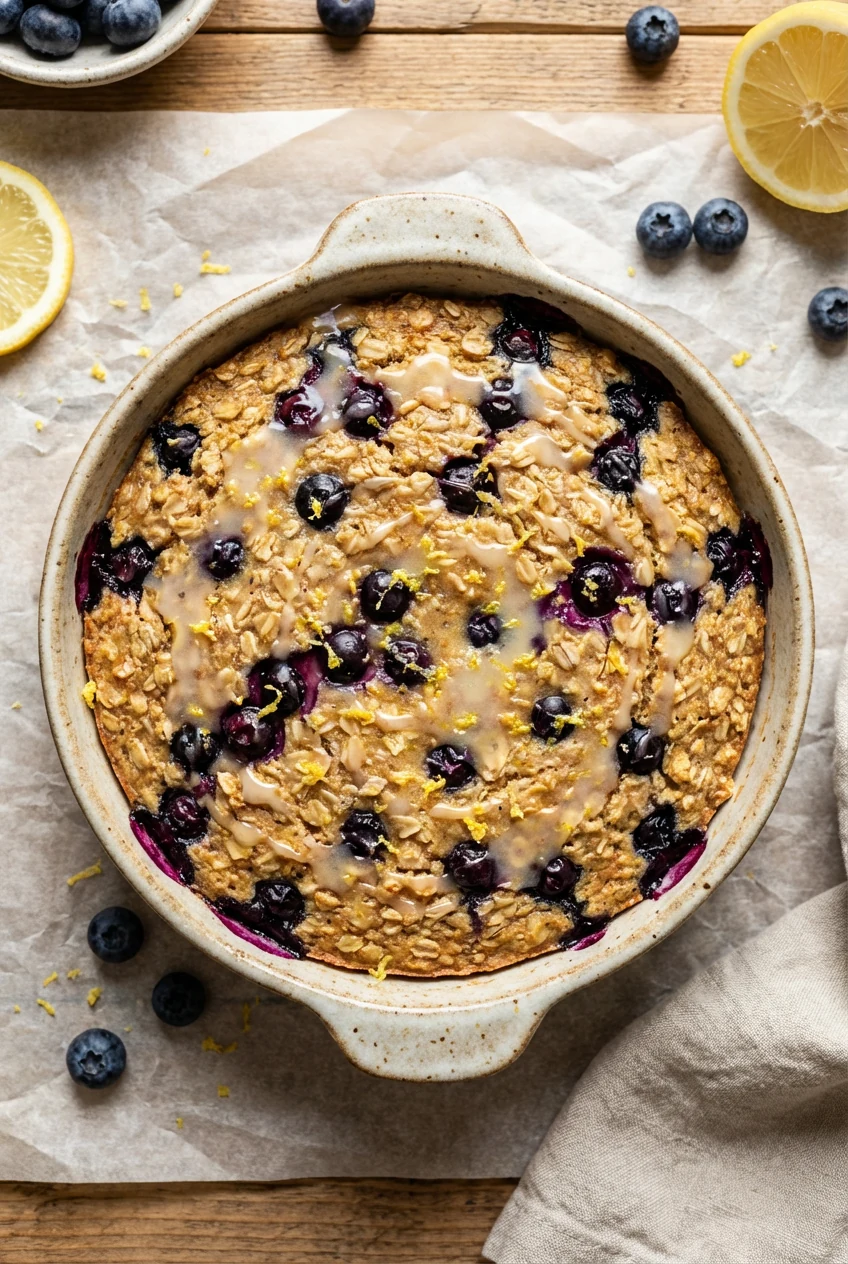 Tasty top view: Blueberry Lemon Burst baked oatmeal, overhead on parchment; juicy blueberries, lemon zest flecks, thin l