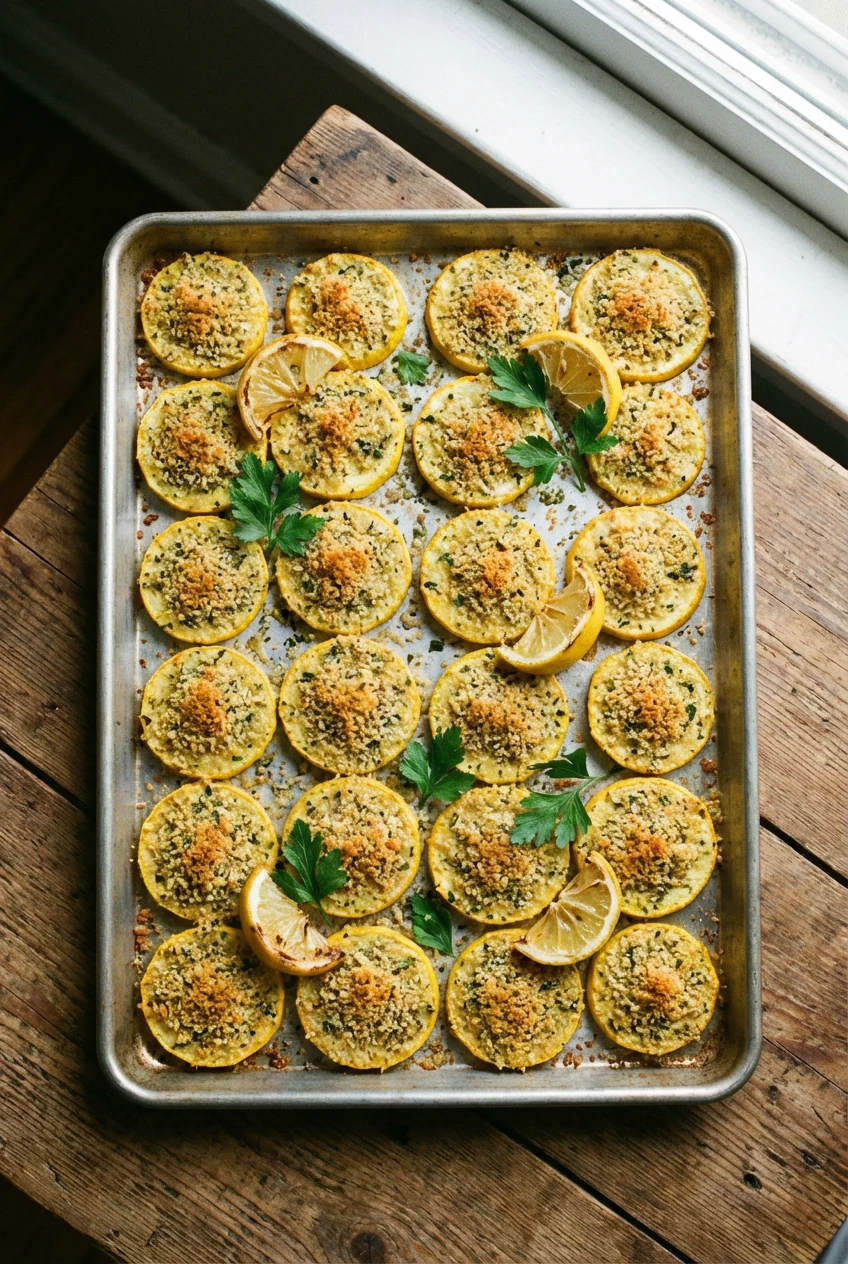 Overhead shot of hot sheet pan of baked yellow squash, single layer, evenly browned crumb topping; lemon wedges and pars