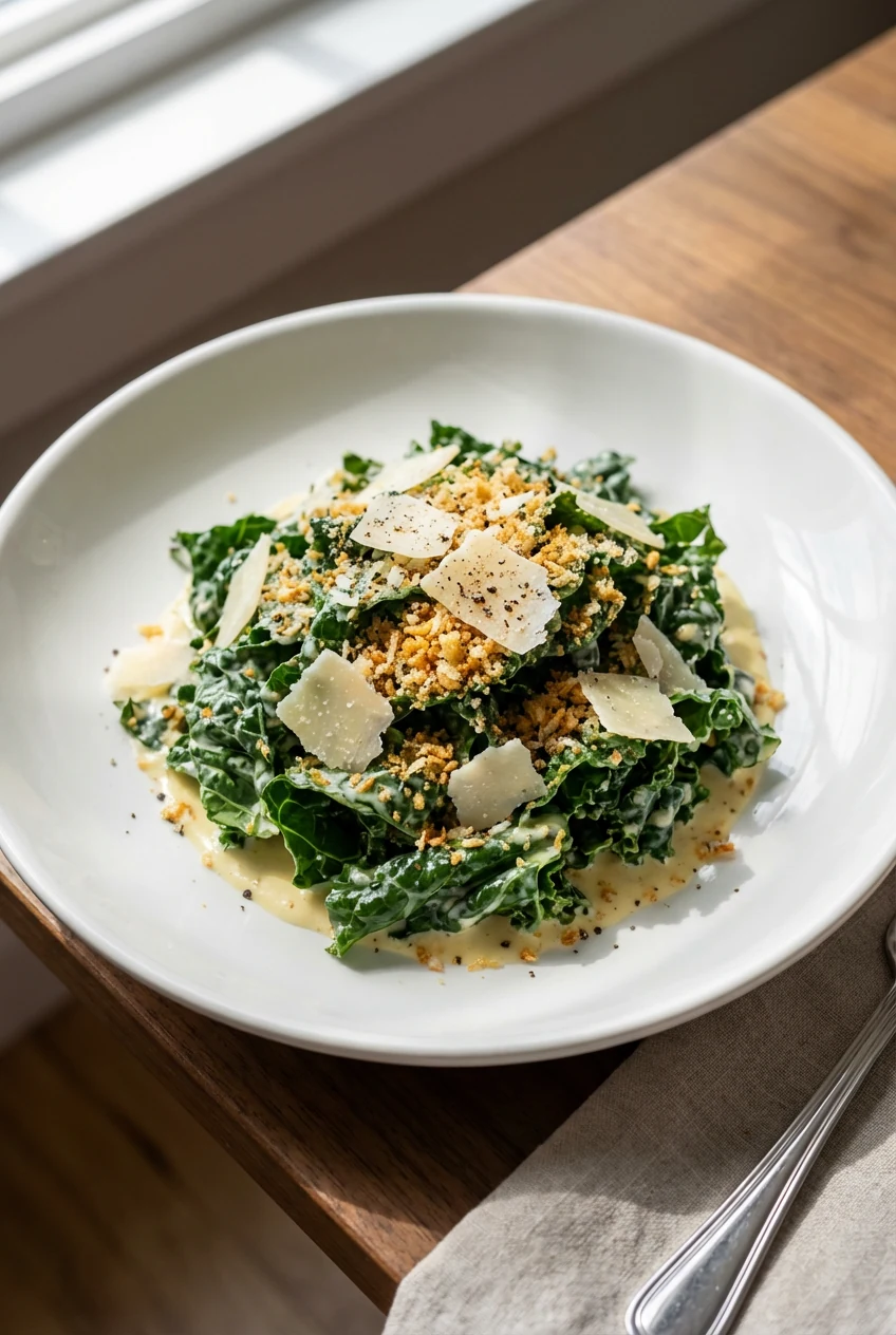 2. Final dish: Beautifully plated Lemon-Parmesan Kale Caesar—silky massaged kale ribbons coated in creamy lemon-Dijon, s
