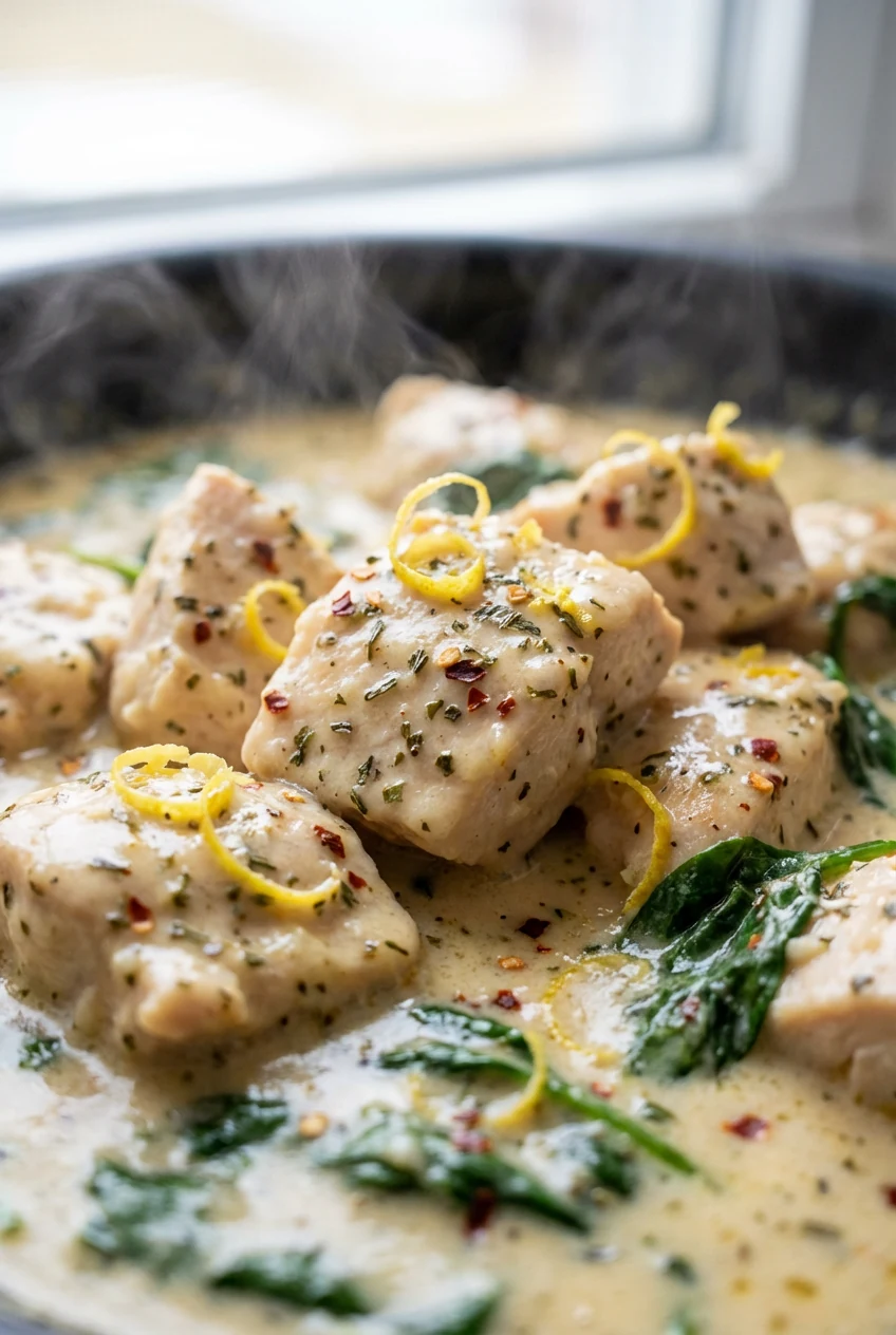 2. Tight macro of chicken nestled in a glossy creamy garlic Parmesan sauce (heavy cream + cream cheese body), flecks of 