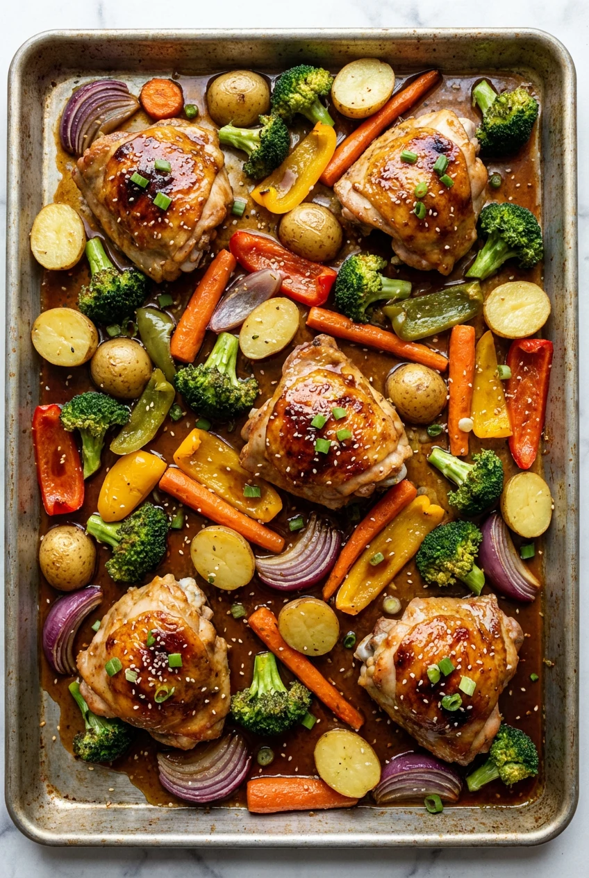 Overhead shot of the full sheet-pan honey garlic chicken dinner: roasted baby potatoes, broccoli florets, bell peppers, 
