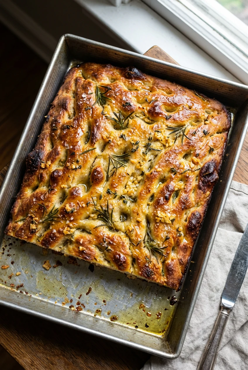 Overhead shot of garlic-herb focaccia: deeply golden surface with olive-oil sheen, pronounced dimples, rosemary and thym