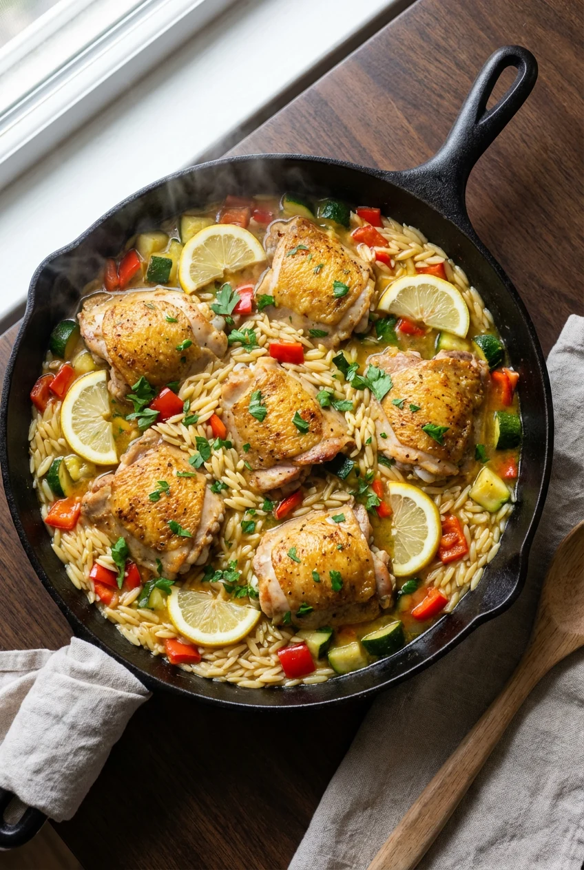2. Overhead shot of one-pan lemon orzo simmer—seared chicken nestled among diced red bell pepper, zucchini, and glisteni