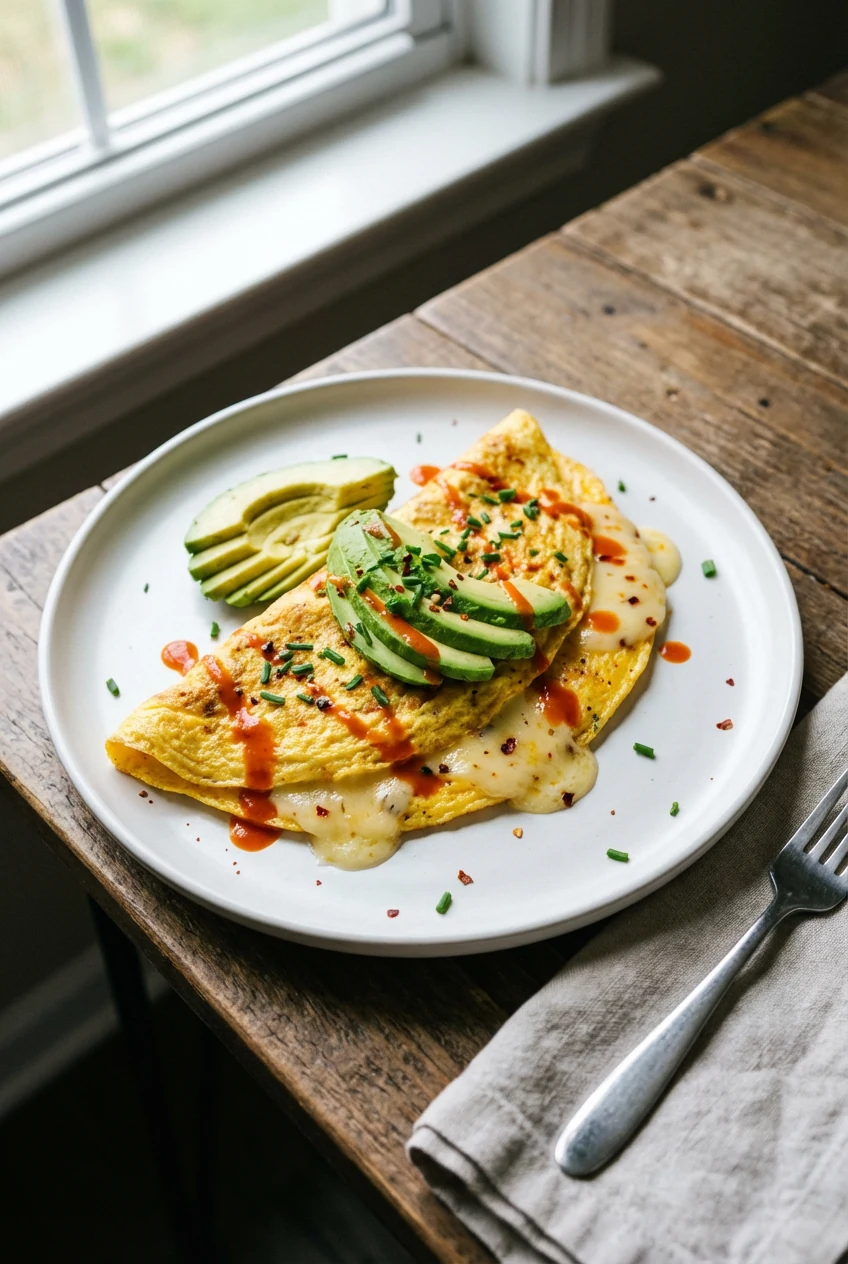 Beautifully plated high-protein scramble with avocado slices, hot sauce drizzle, and chopped chives on a matte white cer