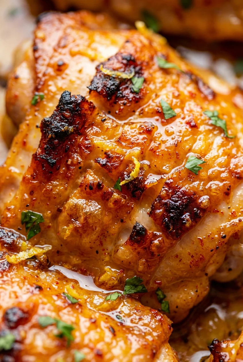 Close-up detail: Macro of crispy smoked-paprika chicken skin with lemon zest and glossy honey-lemon glaze, crackling tex