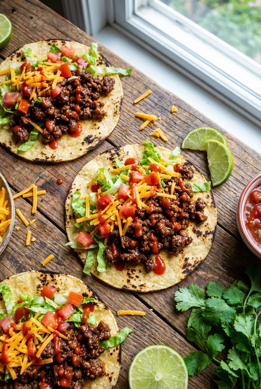 Overhead shot of smoky weeknight tacos: small charred tortillas piled with glossy minced beef, shredded lettuce, diced t