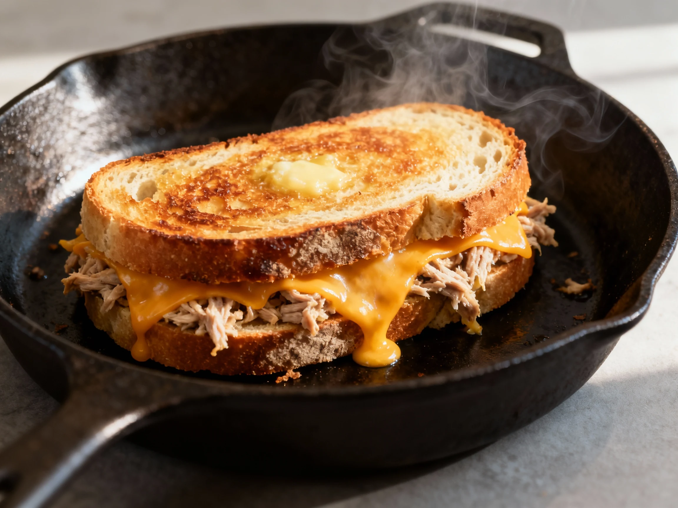 Food photography, Cooking process shot of a tuna melt in a cast-iron skillet mid-cook: buttered sourdough turning deep g