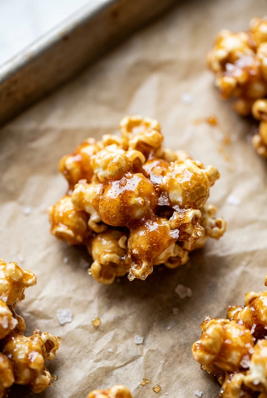 Extreme close-up of Sticky Salted Caramel popcorn on a parchment-lined sheet pan just out of a 250°F oven—glossy amber c