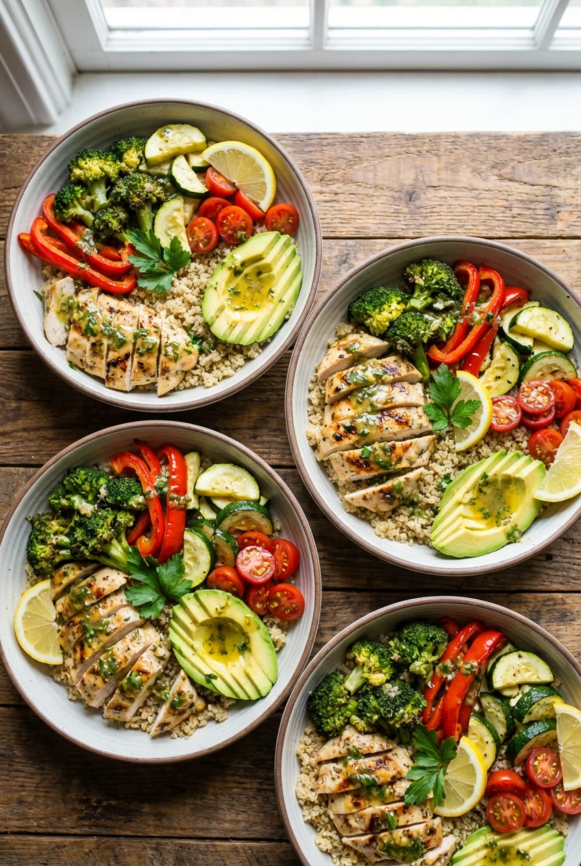 2. Overhead shot of one-pan lemon chicken bowls over fluffy quinoa, showing sliced chicken, broccoli florets, red bell p