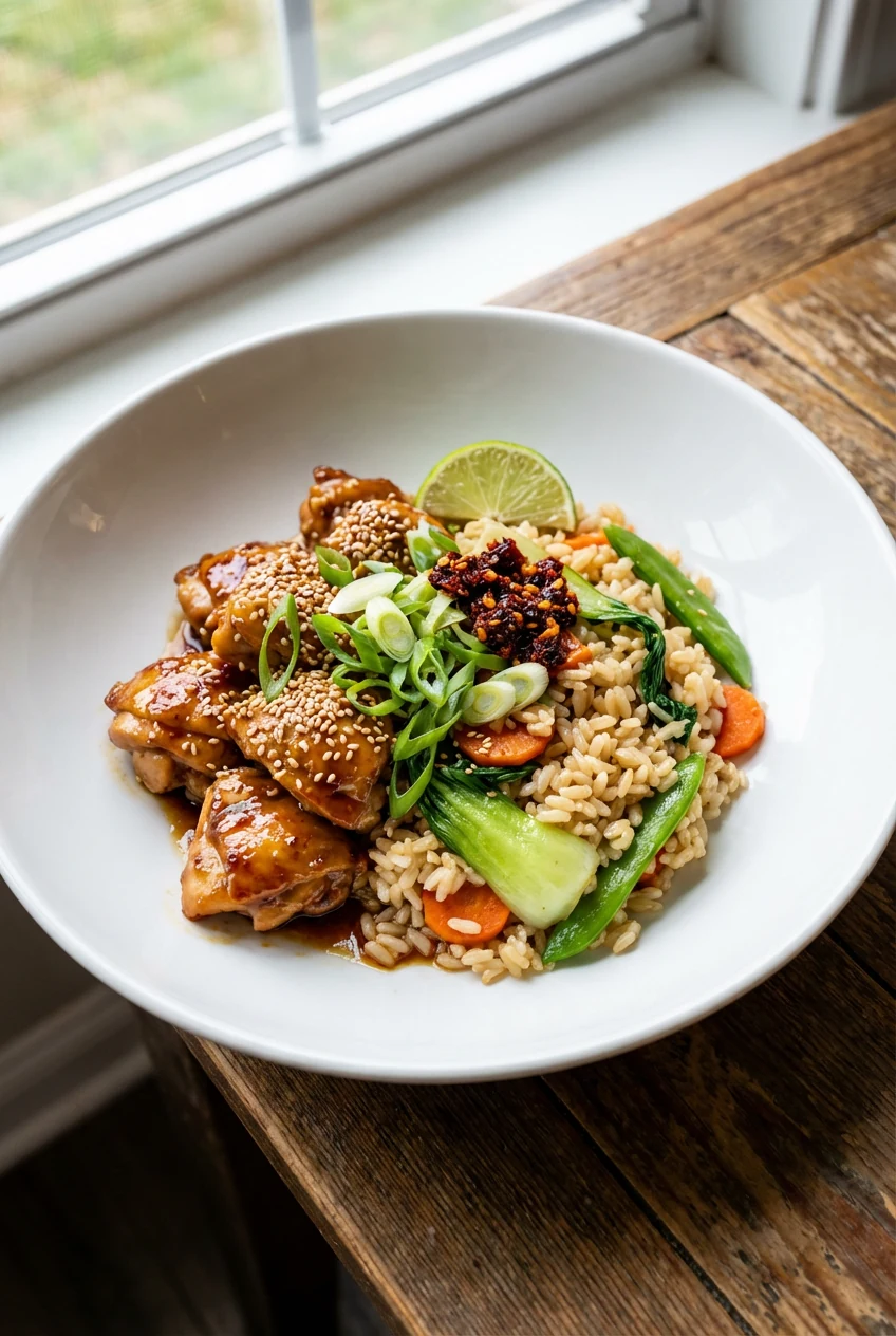 Beautifully plated Garlic–Ginger Chicken & Veggie Rice in a wide white bowl, topped with sliced scallions, sesame seeds,