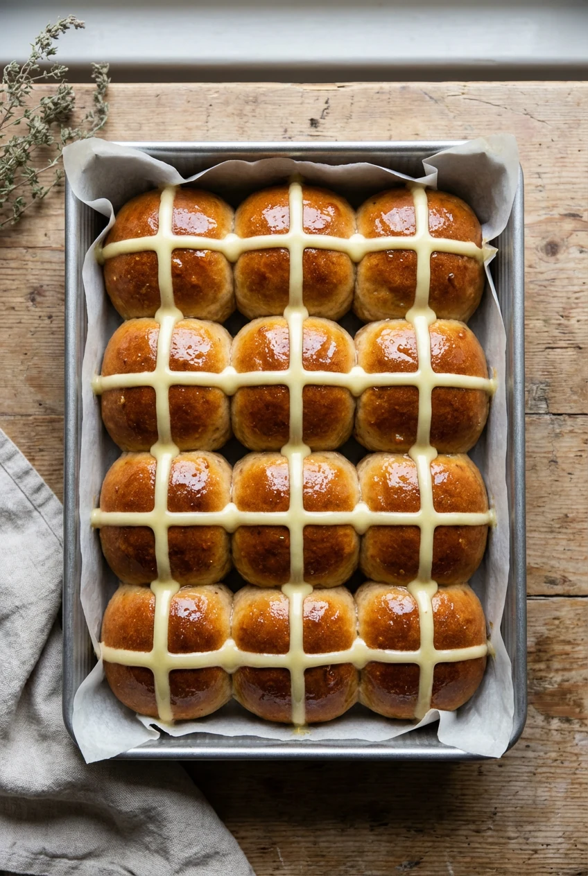 2. Overhead shot of a parchment-lined 9x13 pan holding 12 golden-brown hot cross buns just touching; apricot jam sheen a